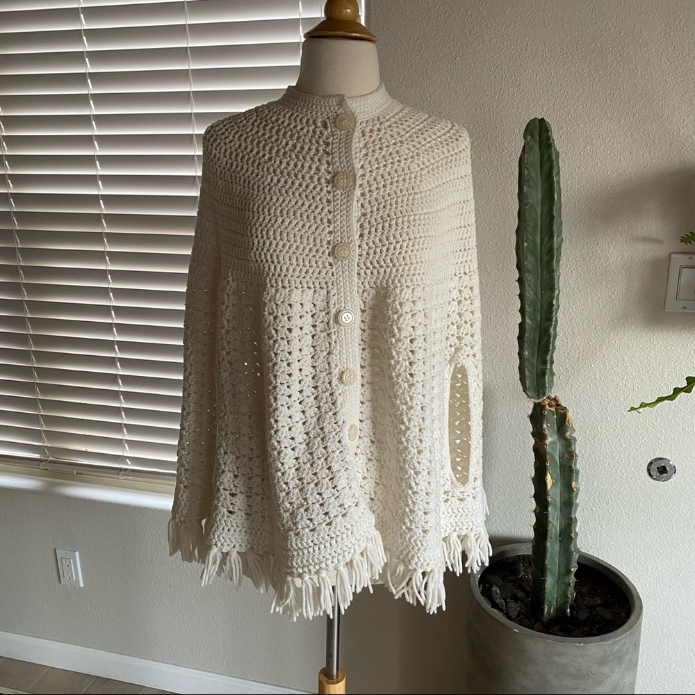70s Inspired Handknit Crochet Soft White Poncho